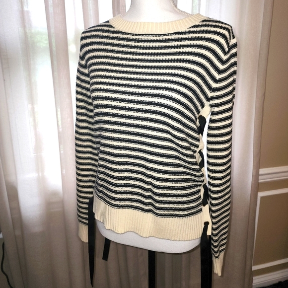 B&W stripe crewneck sweater w/ side lace up details, Anthropologie, size S - Picture 1 of 4